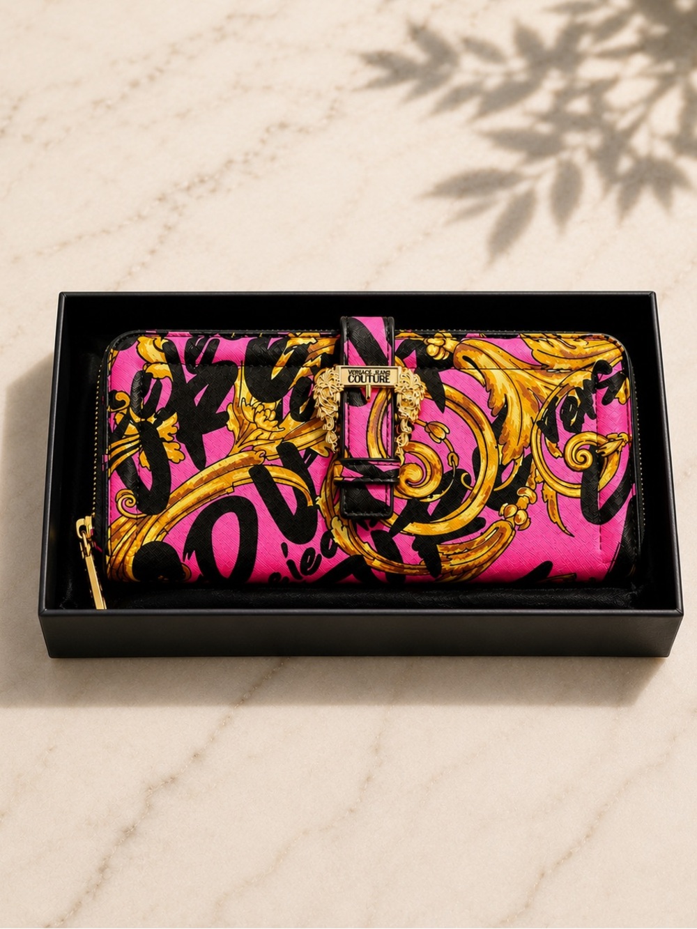 NWT Versace Jeans Couture Baroque Print Zip Around Wallet Pink Gold